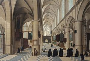 The Interior Of A Gothic Church With Figures Walking Through The Isle, Probably A Christening Procession, Other Figures Praying In The Background The Interior Of A Gothic Church With Figures Walking Through The Isle, Probably A Christening Procession, Other Figures Praying In The Background