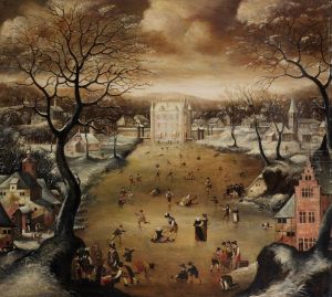 Figures Ice-skating In A Winter Landscape by Abel Grimmer