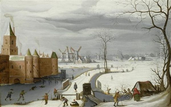 Winterlandschaft Mit Schlittschuhlaufern Auf Einem Zugefrorenen Burggraben Vor Einem Schloss - view 1