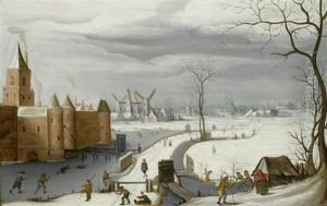 Winterlandschaft Mit Schlittschuhlaufern Auf Einem Zugefrorenen Burggraben Vor Einem Schloss by Abel Grimmer