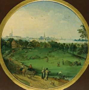 A Summer Landscape With Peasants Harvesting With A View Of Antwerp Beyond (+ A Winter Landscape With Peasants On A Path; Pair) by Abel Grimmer