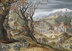 Herbst, Weite Hugellandschaft Mit Einem Schweinehirten Und Holzfallern by Abel Grimmer