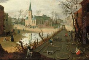 The Month Of February; A Village With Peasants Working The Land And Figures Outside A Church