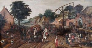 Reges Treiben Mit Landleuten, Reitern Und Kutschen Auf Der Hauptstrase Eines Dorfchens