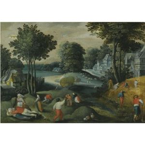 An Allegory Of Summer With Two Signs Of The Zodiac: A Village Landscape In Summer With Peasants Harvesting