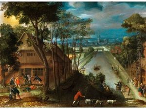Landschafts- Und Genrebild Mit Einem Renaissance-fischzuchtbecken, Wirtschaftsgebauden Und Bewegten Szenerien by Abel Grimmer