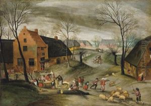 La Fete Du Cochon, A Wooded Winter Village Landscape With Peasants Slaughtering Pigs