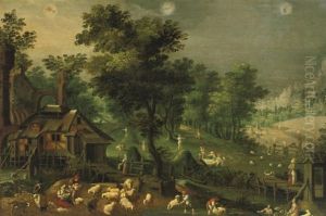 An Allegory Of Summer With Three Signs Of The Zodiac, Landscape With Peasants Shearing And Harvesting by Abel Grimmer