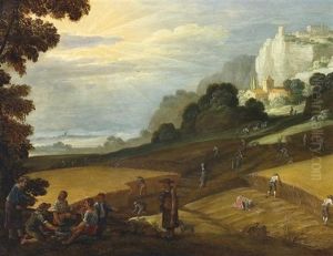 Getreideernte Vor Sudlicher Landschaft. Im Hintergrund Ein Auf Einem Felsen Gelegenes Dorf by Abel Grimmer