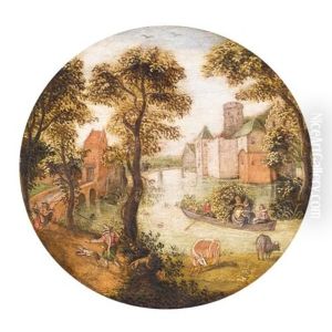 A River Landscape With A Huntsman In The Foreground And An Elegant Company In A Boat Beyond