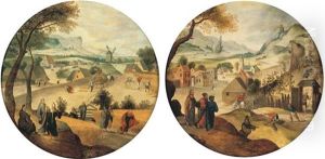 August: An Extensive Landscape With Jesus Telling The Parable Of The Corn-pickers (+ October: An Extensive Landscape With Jesus Telling The Parable Of The Grape Harvesters; 2 Works) by Abel Grimmer