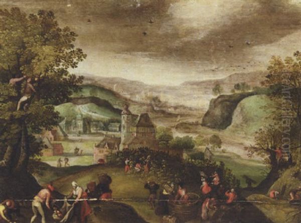 Autumn: An Extensive Landscape With Figures Picking Grapes - view 1
