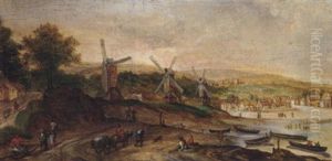 A Coastal Landscape With Travellers And Wagons On A Path, Windmills And A Town Beyond by Abel Grimmer