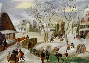 A Town In Winter With Peasants Skating On A Frozen River