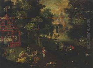 An Elegant Company In A Pavilion And A Garden By A Lake, A Castle Beyond