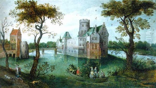 A Moated Castle With Elegant Figures In A Boat And A Huntsman And His Dogs On A Path In The Foreground - view 1
