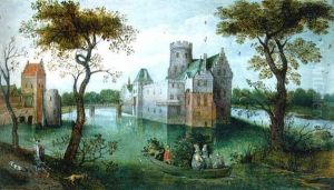A Moated Castle With Elegant Figures In A Boat And A Huntsman And His Dogs On A Path In The Foreground