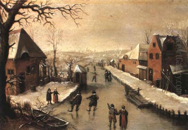 Winter Landscape With Villagers On A Frozen Canal - view 1