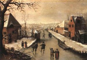 Winter Landscape With Villagers On A Frozen Canal by Abel Grimmer