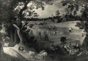 Peasants In A Field Breaking For Lunch, Reapers Gather Hay In The Distance: Allegory Of Summer by Abel Grimmer