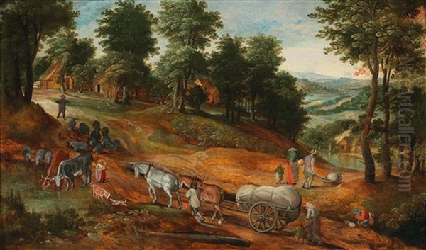 A Wooded Landscape With Peasants On A Path - view 1
