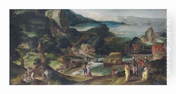 A Panoramic Landscape With The Parable Of The Good Samaritan by Jacob Grimmer