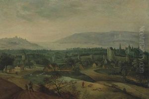 A Wooded Landscape With Farmers And Their Livestock Before A Church And A Fortified Town, A Lake In The Distance