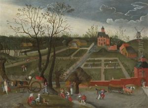 Landscape With Peasants Walking Along A Road With Horse-drawn Carts And Others Planting In The Garden Of A Large Manor House Landscape With Peasants Walking Along A Road With Horse-drawn Carts And Others Planting In The Garden Of A Large Manor House