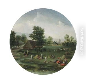 An Allegory Of Summer; A Summer Landscape With Figures Haying, A Village Beyond by Jacob Grimmer