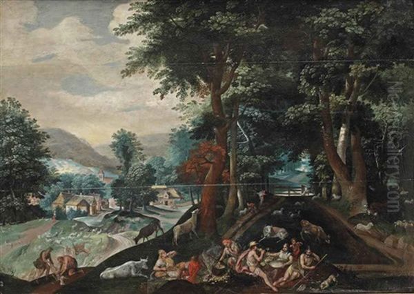 A Wooded Landscape With Mythological Figures Eating And Drinking - view 1