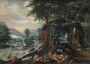 A Wooded Landscape With Mythological Figures Eating And Drinking by Jacob Grimmer