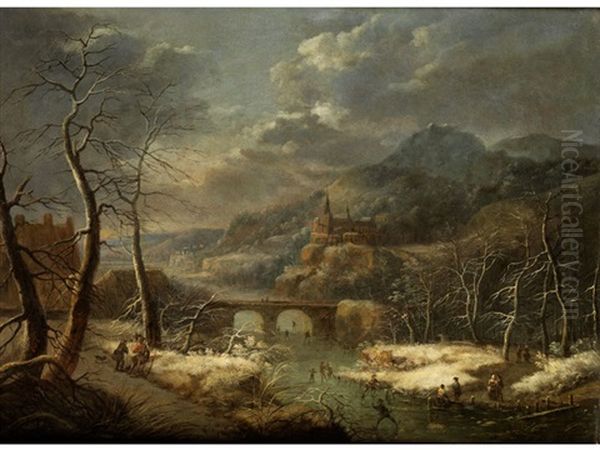 Winterliche Flusslandschaft Mit Bogenbrucke, Erhoht Stehendem Stadtchen Sowie Schlittschuhlaufern Als Figurenstaffage - view 1