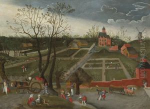 Landscape With Peasants Walking Along A Road With Horse Drawn Carts And Others Planting In The Garden Of A Large Manor House