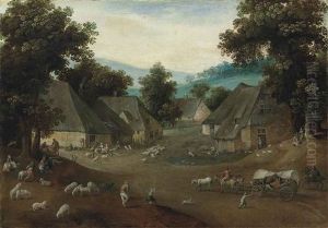 The Month Of July: A Village Landscape With A Horse-drawn Wagon, Peasants And Sheep by Jacob Grimmer