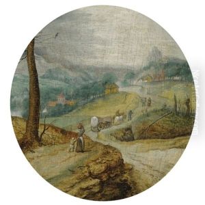 Peasants With A Horse Drawn Wagon On A Country Road, A View Of A Village Beyond