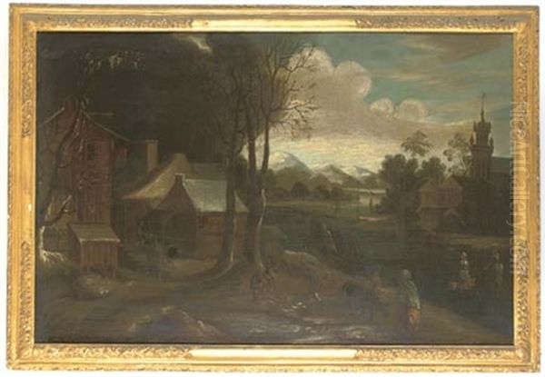 A Frozen River Landscape With Cottages And Figures - view 1