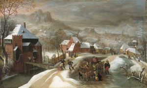 A Winter Landscape With Soldiers In A Village (jacob Grimmer And Circle Of Gillis Mostaert) by Jacob Grimmer