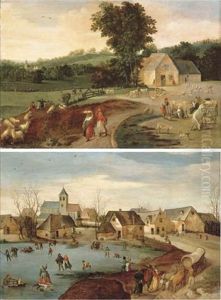 Summer: A Landscape With Peasants, Cattle And Sheep By A Farm House (+ Winter: A Village Scene With Skaters On A Frozen Lake; Pair) by Jacob Grimmer