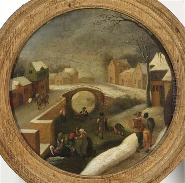 A Winter Scene With Skaters On A Frozen Canal In A Village - view 1