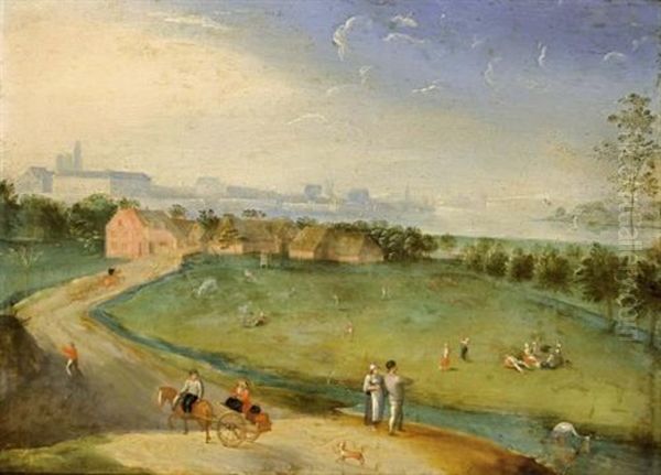 An Extensive Landscape With Figures On A Meadow Near A Stream, A Horse-drawn Cart In The Foreground - view 1