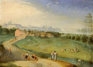 An Extensive Landscape With Figures On A Meadow Near A Stream, A Horse-drawn Cart In The Foreground by Jacob Grimmer
