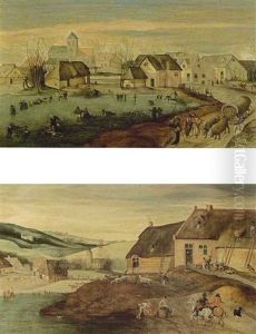 Autumn: A Landscape With Men Repairing A Thatched Roof Of A Farm (+ Winter: A Landscape With Figures Skating On A Frozen Pond; Pair) by Jacob Grimmer