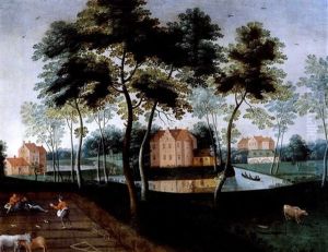 Bewaldete Landschaft Mit Einem Wasserschloss, Bootfahrern, Einem Angler