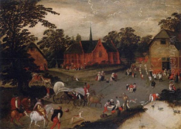 A Village With Elegant Figures Approaching On Horseback - view 1