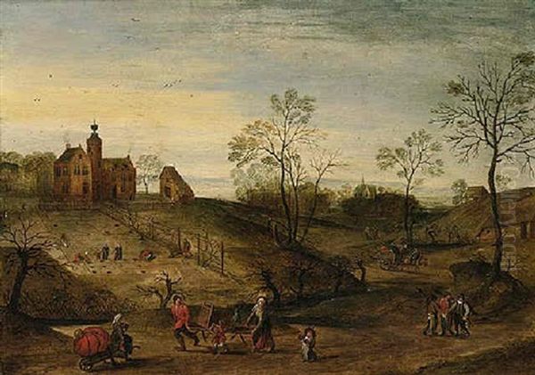 Spring - An Extensive Landscape With A View Of A Country House With Figures Planting, Travellers On A Road In The Foreground - view 1