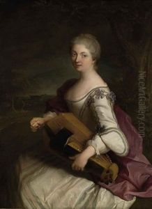 Portrait Of A Lady In A White Dress With Blue Bows, And A Violet Mantle, Playing A Hurdy Gurdy, In A Wooded Landscape