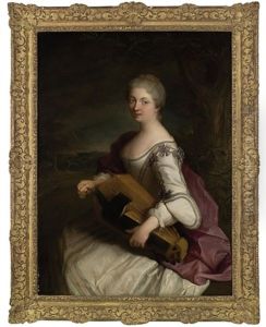 Portrait Of A Lady, Three-quarter-length, In A White Dress With Blue Bows, And A Violet Mantle, Playing A Hurdy Gurdy, In A Wooded Landscape