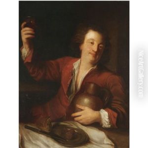An Interior With A Man Brandishing A Beer Glass by Alexis Grimou