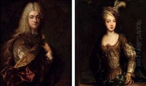 Portrait Of A Gentleman In A Silver Costume And Red And Gold Wrap (+ Portrait Of A Lady In A Gold And Silver Dress And A Green Robe; Pair) by Alexis Grimou
