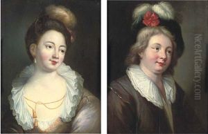 Portrait Of A Lady, Bust-length, In A Lilac Silk Decollete Dress... (+ Portrait Of A Young Man, Bust-length, Wearing A Blue Velvet Beret...; Pair)
